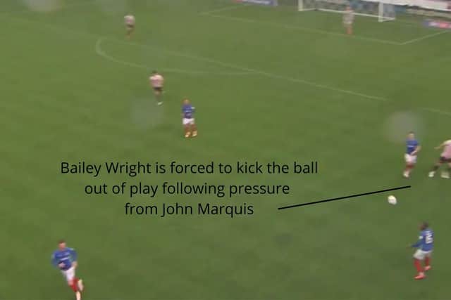 Figure One: Bailey Wright is forced to kick the ball out of play following pressure from Portsmouth striker John Marquis.