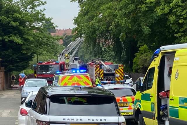 Emergency services at the scene as the fire was being put out by Tyne and Wear Fire and Rescue Service.
