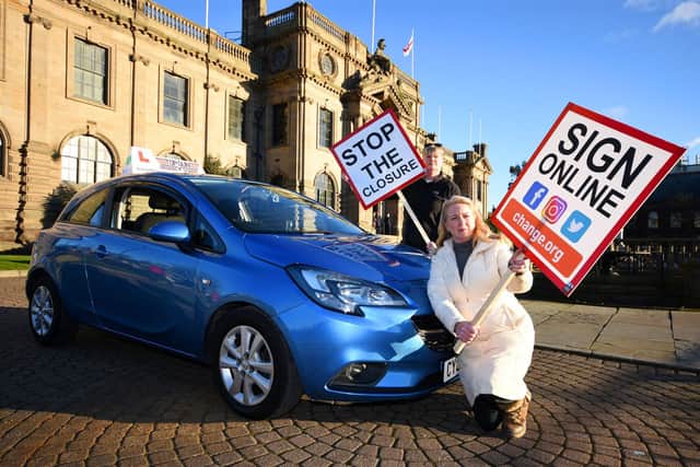 Driving instructor, Vikki Holt, has "reluctantly" had to pass on the increased cost of fuel to her customers. Vikki is pictured taking a part in a protest last month against the potential closure of South Shields driving test centre.