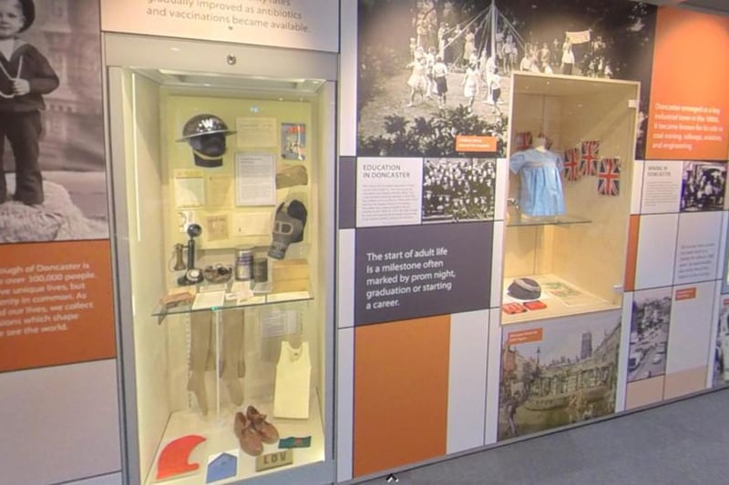 Inside the new £14m Danum Gallery, Library and Museum.  Wartime gas mask and education