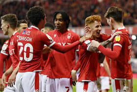 Jack Colback of Nottingham Forest celebrates scoring their side's third goal with teammates during the Sky Bet Championship match between Nottingham Forest and West Bromwich Albion. (Photo by Michael Regan/Getty Images)