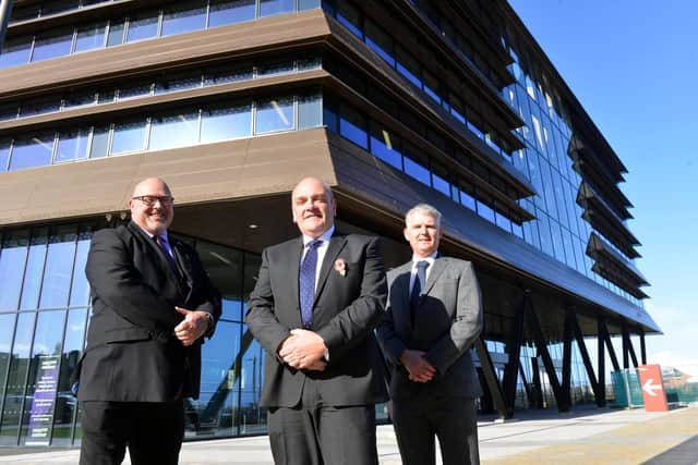(left to right) Sunderland City Council leader Cllr Graeme Miller, Chief Executive Officer of BAI  Communications, Billy D'Arcy, and Sunderland City Council's Chief Executive Officer Patrick Melia. Council leaders hope the announcement of a 20 year partnership with BAI Communications will lead to Sunderland becoming the UK's leading smart city.