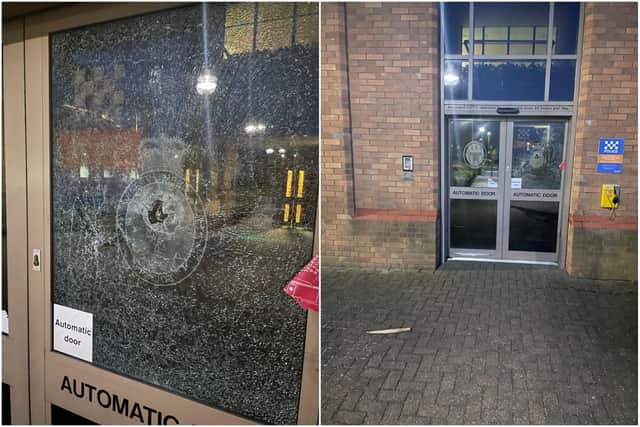 Photos show the damage caused by Paul Corburn Northumbria Police's station in Etal Lane, Newcastle.