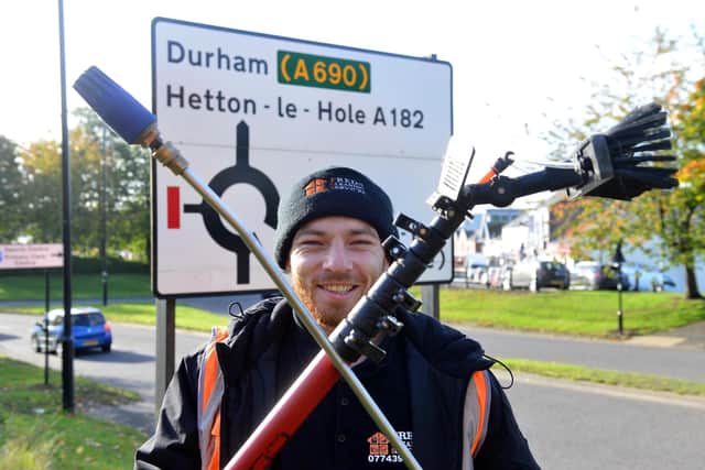 Window cleaner Freddy Freeman, 31, has been cleaning road signs across Sunderland for free to make it safer for motorists.