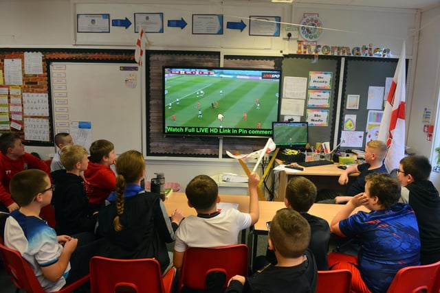 Plains Farm Academy pupils intently watching England's first World Cup game against Iran.