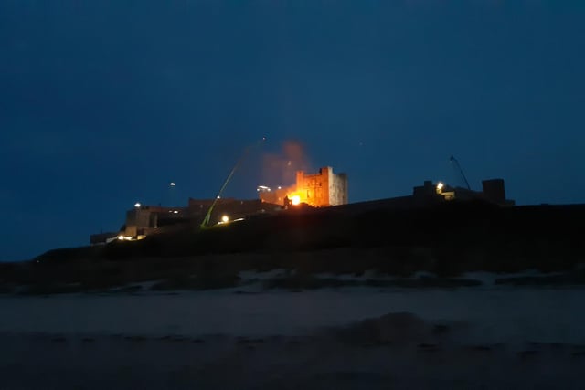 Fire on the set of Indiana Jones at Bamburgh Castle.