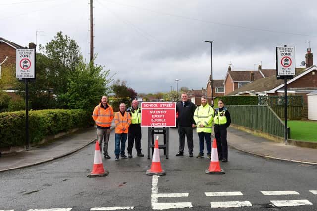 From left: Curtis Smith, technician at Sunderland City Council, Paul Muir, group engineer at Sunderland City Council, Simon Routledge - PCSO, Mr Anderson, headteacher at St Bede's, Stephen Dixon, group engineer at Sunderland City Council and Molly Briton - PCSO.