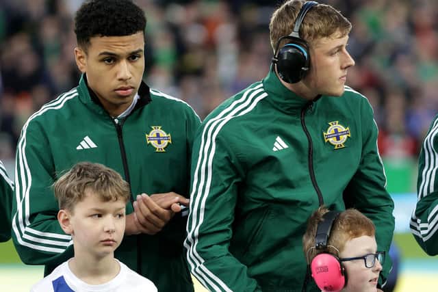 Northern Ireland player Daniel Ballard and eight-year-old mascot Charlie Kerrigan wearing ear defenders before Sunday's EURO 2024 qualifier against Finland.
Credit: PressEye Ltd