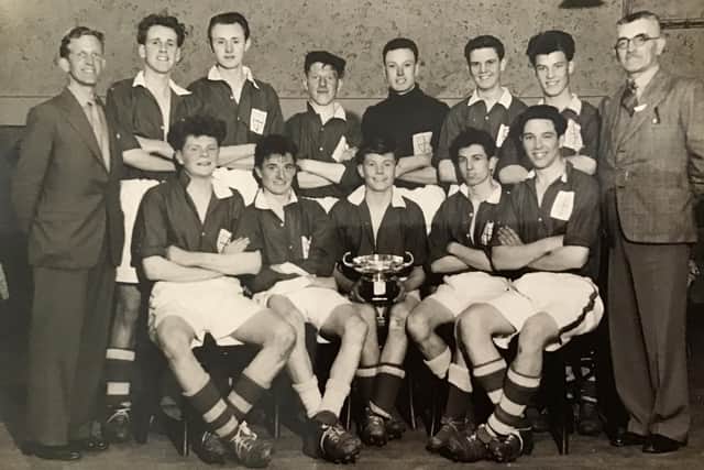 Roker Methodist football team after it won the All England Methodist Cup Final.
Pictured, are left to right back row;
Eric Liddel (Mgr) Dave Pattinson, Gordon Common, Jim Mustard, Ken Fields, Burns Wilson, Colin Purvis, name unknown
Front row;
Bill Goldsack, Harry Dodd’s, Ian Kemp, Brian (Dutch) Holland, Allenby Alder.