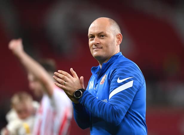 SUNDERLAND, ENGLAND - MAY 06: Alex Neil of Sunderland reacts after the Sky Bet League One Play-Off Semi Final 1st Leg match between Sunderland and Sheffield Wednesday at Stadium of Light on May 06, 2022 in Sunderland, England. (Photo by Stu Forster/Getty Images)