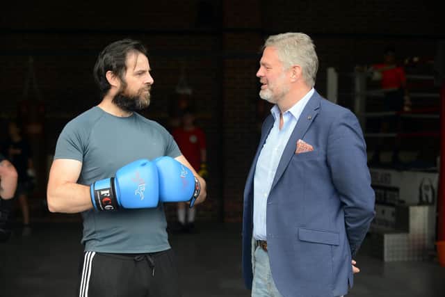 Former IBF Cruiserweight world champion Glen McCrory with Carrying David play actor Micky Cochrane visit Sunderland Central Community Fire Station boxing gym hub. 