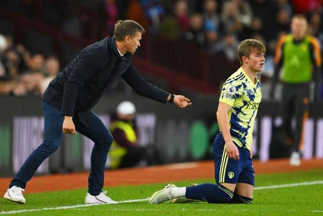 Jesse Marsch, manager of Leeds United encourages Joe Gelhardt. (Photo by Clive Mason/Getty Images).