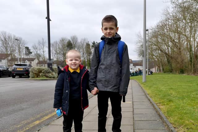 Ewan and Luke Burnip on their first day back at Fatfield Academy School since Christmas.