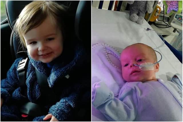 Left: Oliver, aged three, on his way for his first radiotherapy treatment. Right: At just weeks old, Oliver pictured after a bleed on his brain.