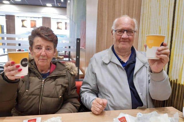 Husband and wife Lilian, 76 and Derek, 82 Shotton from South Shields enjoying a Mcdonald's breakfast.