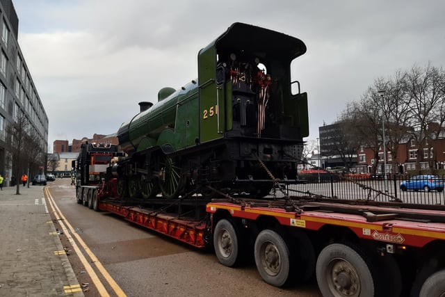 A view of the footplate as  engine number 251 arrives in Doncaster  on the back of a lorry