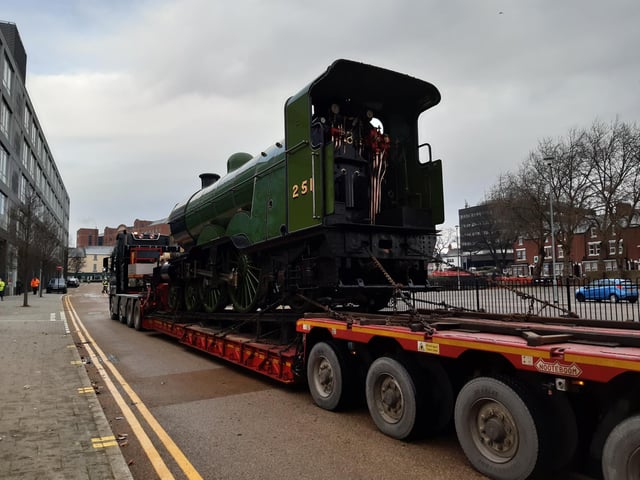 A view of the footplate as  engine number 251 arrives in Doncaster  on the back of a lorry