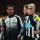 Bruno Guimaraes of Newcastle United is consoled by Eddie Howe, Manager of Newcastle United, following the Carabao Cup Final match between Manchester United and Newcastle United at Wembley Stadium on February 26, 2023 in London, England. (Photo by Eddie Keogh/Getty Images)