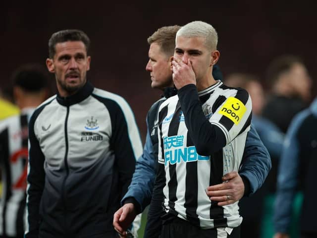 Bruno Guimaraes of Newcastle United is consoled by Eddie Howe, Manager of Newcastle United, following the Carabao Cup Final match between Manchester United and Newcastle United at Wembley Stadium on February 26, 2023 in London, England. (Photo by Eddie Keogh/Getty Images)