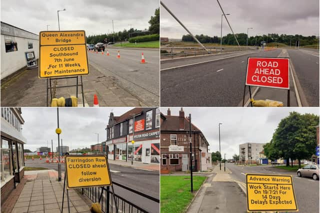 Motorists will soon face disruption at, clockwise from top left, Queen Alexandra Bridge, Northern Spire Bridge, the bottom of Chester Road and the bottom of Hylton Road.
