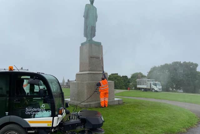 Council staff are cleaning the statue of General Henry Havelock in Mowbray Park after it was gratified with the words 'parasite' and 'racist'