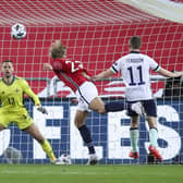Norway's forward Erling Braut Haaland heads the ball towards Northern Ireland's goalkeeper Trevor Carson's goal during the UEFA Nations League football match Norway v Northern Ireland in Oslo, Norway, on October 14, 2020. (Photo by Orn E. BORGEN / NTB / AFP) (Photo by ORN E. BORGEN/NTB/AFP via Getty Images)