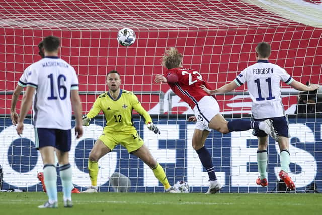 Norway's forward Erling Braut Haaland heads the ball towards Northern Ireland's goalkeeper Trevor Carson's goal during the UEFA Nations League football match Norway v Northern Ireland in Oslo, Norway, on October 14, 2020. (Photo by Orn E. BORGEN / NTB / AFP) (Photo by ORN E. BORGEN/NTB/AFP via Getty Images)