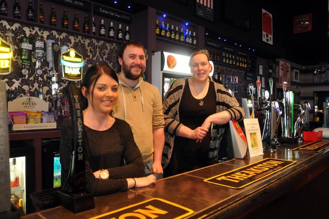 Staff at The Corner Flag 9 years ago. Pictured left to right are Kara Longley manager, Shaun Tate and Francesca Dimeo.