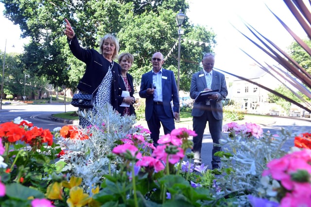 From left, Joan Atkinson and Pauline Johnson of Washington in Bloom with RHS judges Ian Beaney and Dale Hector.