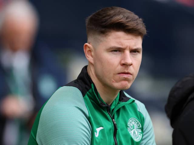 GLASGOW, SCOTLAND - APRIL 16: Kevin Nisbet of Hibernian FC looks on prior to the Scottish Cup Semi Final match between Heart Of Midlothian FC and Hibernian FC at Hampden Park on April 16, 2022 in Glasgow, Scotland. (Photo by Ian MacNicol/Getty Images)