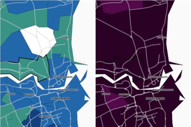 Side-by-side maps show how covid cases increased dramatically across Sunderland in just a few weeks. The left shows case rates on June 20 and the right shows cases on July 11. The darker the colour the more covid cases recorded in the area