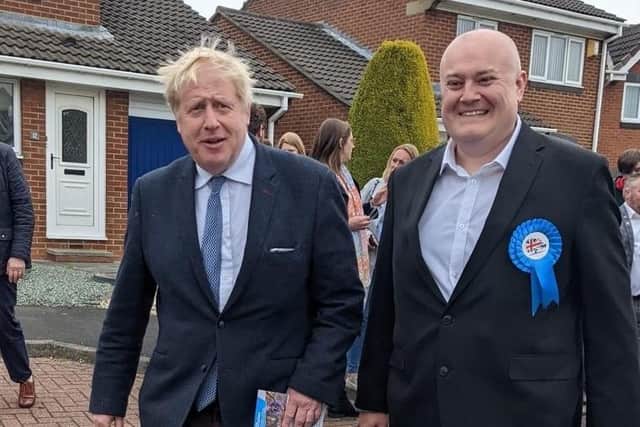 Boris Johnson campaigning alongside the Conservative Party's Washington South ward candidate Peter Noble.