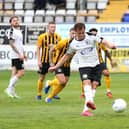 Alex Nicholson of Gateshead scores his sides second goal from the penalty spot during the Vanarama National League North Play-Off Semi-final match between Boston United and Gateshead at  on July 25, 2020 in Boston, England. (Photo by Alex Pantling/Getty Images)