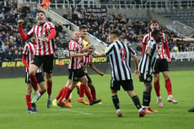 Sunderland players celebrate after their late goal against Newcastle.