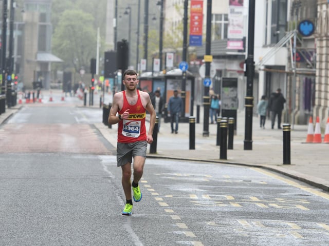 Eventual winner of the Sunderland City Runs 2023 half marathon Lewis McAlpine, in Fawcett Street