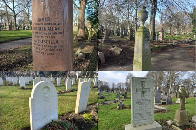 The headstones of, clockwise from top left: Sunderland AFC founder James Allan, members of the Vaux family and Maccomo the lion tamer.