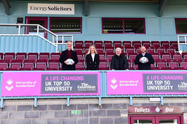 Left to right: Lee Picton (Sporting Director, South Shields FC), Lorraine Robertson (Head of International Development, University of Sunderland), Geoff Thompson (Chairman/Owner of South Shields FC) and Tom Atkinson (International Development Officer, University of Sunderland)
