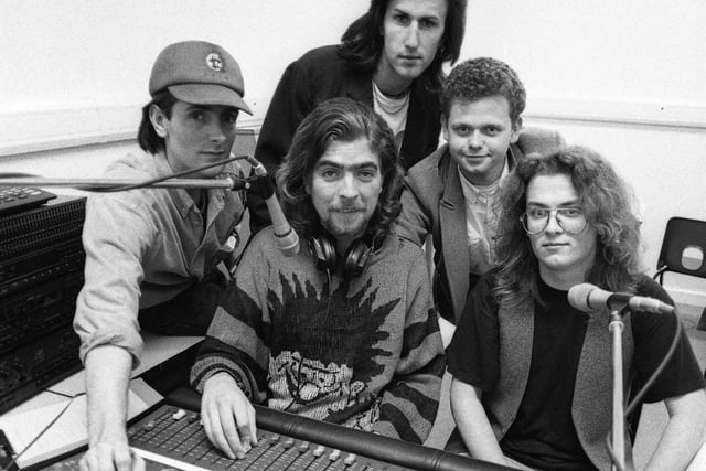 Producing their own radio programme at Shiney Row College in 1990 were Justin Roberts, back; and left to right: tehnician Alan Place; Paddy Mendez; Steve Langley; and David Phillips.