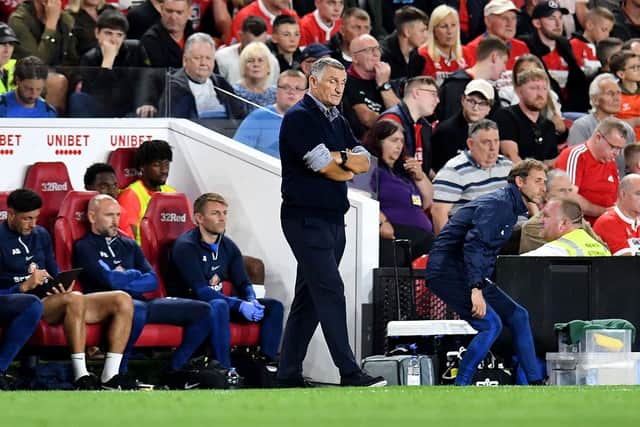 Sunderland boss Tony Mowbray watches on during the defeat to Middlesbrough earlier this season