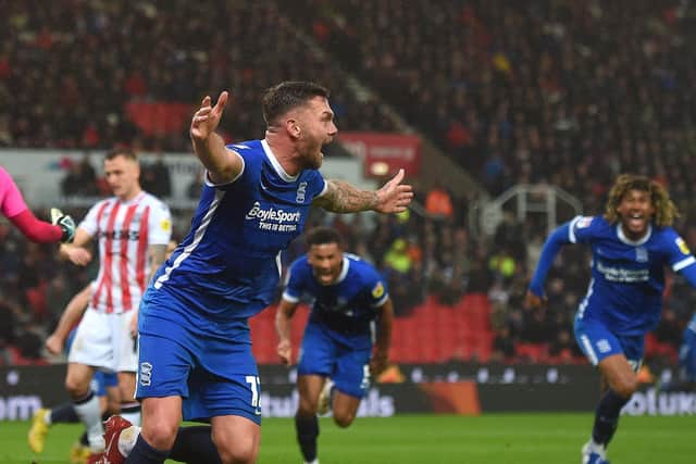 STOKE ON TRENT, ENGLAND - NOVEMBER 05: Harlee Dean of Birmingham City scores their team's second goal during the Sky Bet Championship between Stoke City and Birmingham City at Bet365 Stadium on November 05, 2022 in Stoke on Trent, England. (Photo by Graham Chadwick/Getty Images)
