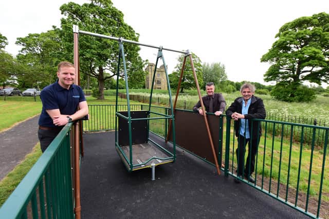 New play equipment at Hylton Castle play area, l-r Matthew Day of Streetscape, Andy Wilson North Area Manager Environmental Services and Councillor Denny Wilson.