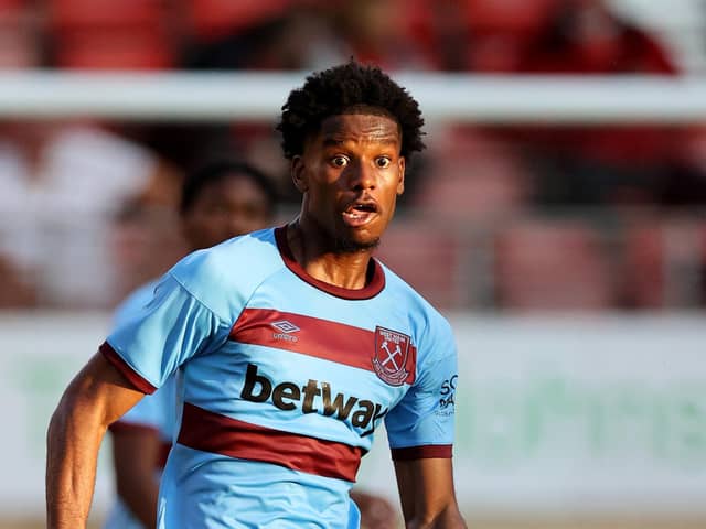 LONDON, ENGLAND - JULY 13: Pierre Ekwah of West Ham United during the Pre-Season Friendly between Leyton Orient and  West Ham United at The Breyer Group Stadium on July 13, 2021 in London, England. (Photo by Justin Setterfield/Getty Images)