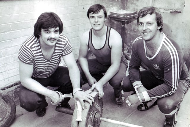 Weightlifters from Meynell Youth Club who are competing in the British U23 Championships (left to right) Steve Wilson (18), Patrick Easton (19) and Paul Easton (21) pictured  September 1979