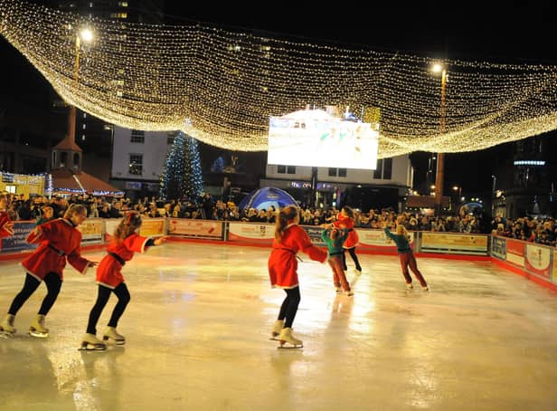 A spectacular scene at the opening of the 2017 Christmas ice rink in Keel Square with the North East Ice Crystal skating team.