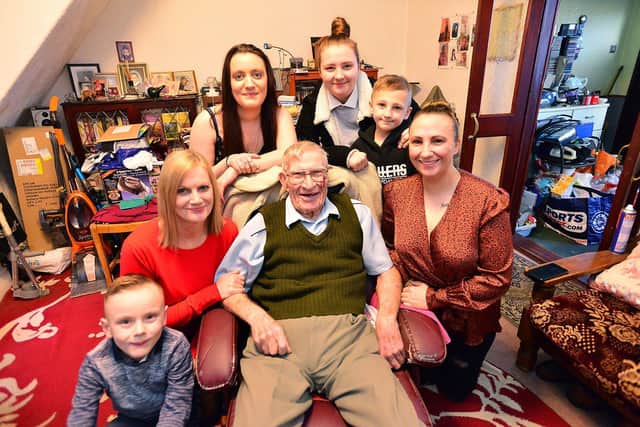 Ted Green in his Horden home with family members (left to right) Dylan Wright (great grandson), Sandra Hawkins (daughter), Natashia Ferri (granddaughter), Abbie Green (great granddaughter) Ethan Green (great grandson) and Rachael Green (granddaughter).