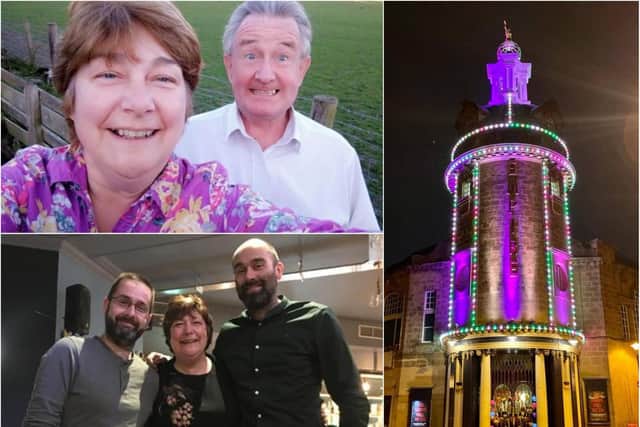 Dorothy Cansfield pictured with partner Keith Bell (top photo) and with sons  Ben and Laurie. The Empire Theatre was illuminated in bright colours in memory of Dorothy after her sudden death.