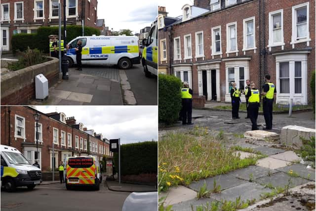 Police can be seen outside an address on Argyle Square in Sunderland.