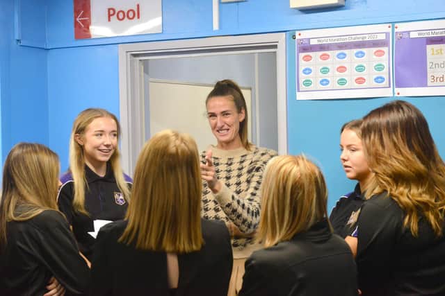 Jill Scott chatting with pupils during her visit to her former school Monkwearmouth Academy.