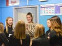 Jill Scott chatting with pupils during her visit to her former school Monkwearmouth Academy.