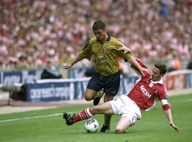 25 May 1998:  Lee Clark of Sunderland is tackled by Mark Kinsella of Charlton Athletic during the Nationwide League Division One play-off final at Wembley Stadium in London. The match ended in a 4-4 draw after extra time and Charlton Athletic went on towin 7-6 on penalties. \ Mandatory Credit: Shaun  Botterill/Allsport